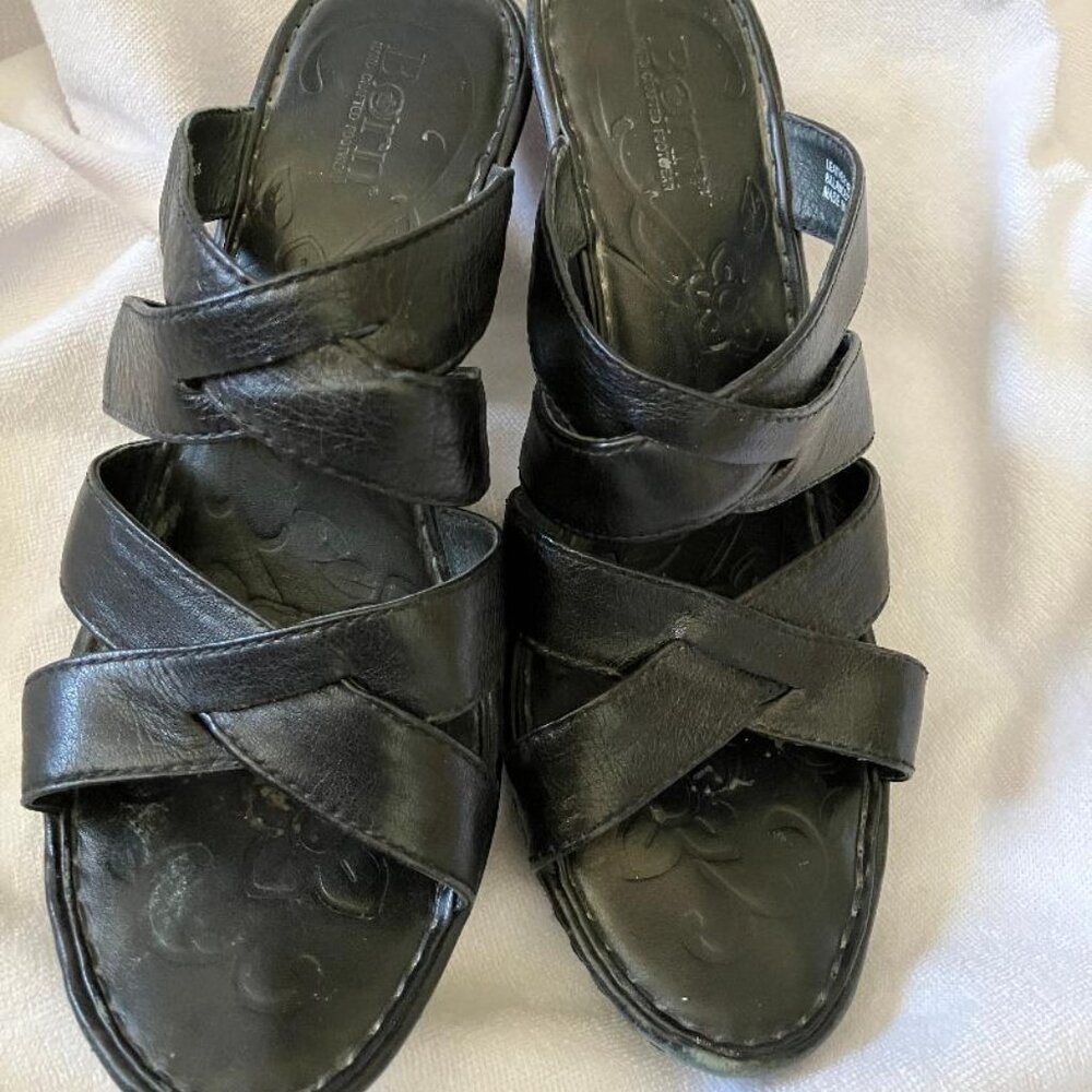 Born Women's Black Leather Sandals 3.5" Heel - Size 8